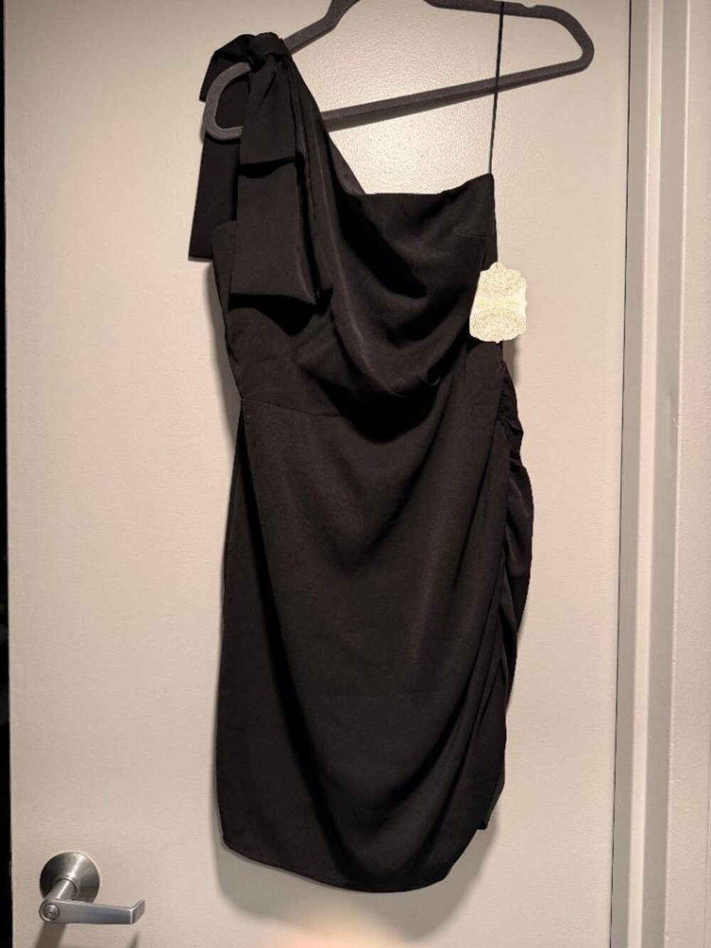 Suggested title: Black One-Shoulder Satin Ruched Cocktail Dress